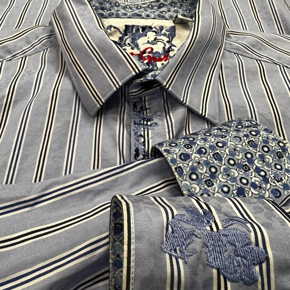 Like New [Robert Graham] Embroidered Blue Button Down Striped Shirt | Mens Large